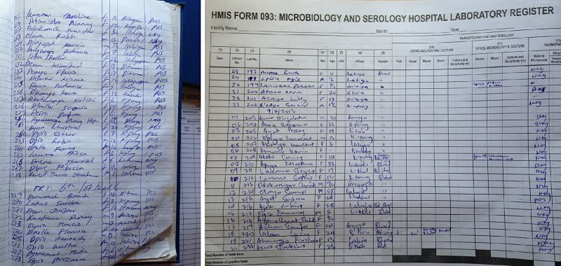 The two pictures demonstrate another instantiation of the epidemic crisis this time at the health facilities: They both show the laboratory registers of a mid-level health facility (HC III) in which they list diagnosis of malaria differentiated into negative (neg) and positive (pos) cases. In regards to the actual ratio between positive and negative cases they seem to constitute an inversion of the other: While the first photo shows 3 positive out of 24 cases examined around the 9th July 2013; more or less exactly three years later, around 6th July 2016, out of 32 cases 25 were found positive (Photo by R. Umlauf).