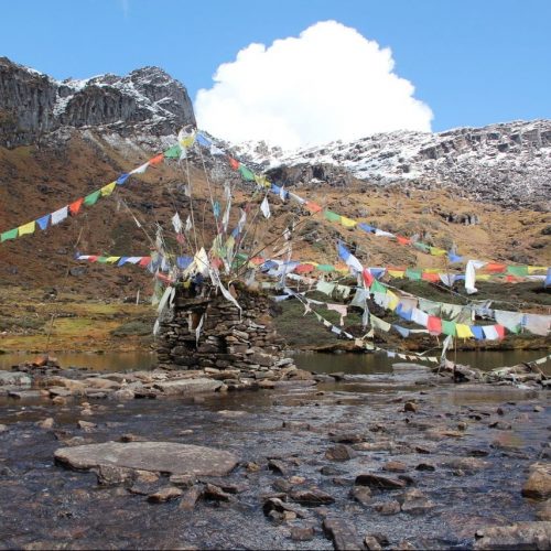 a ford across a brook in the high mountains, prayer flags